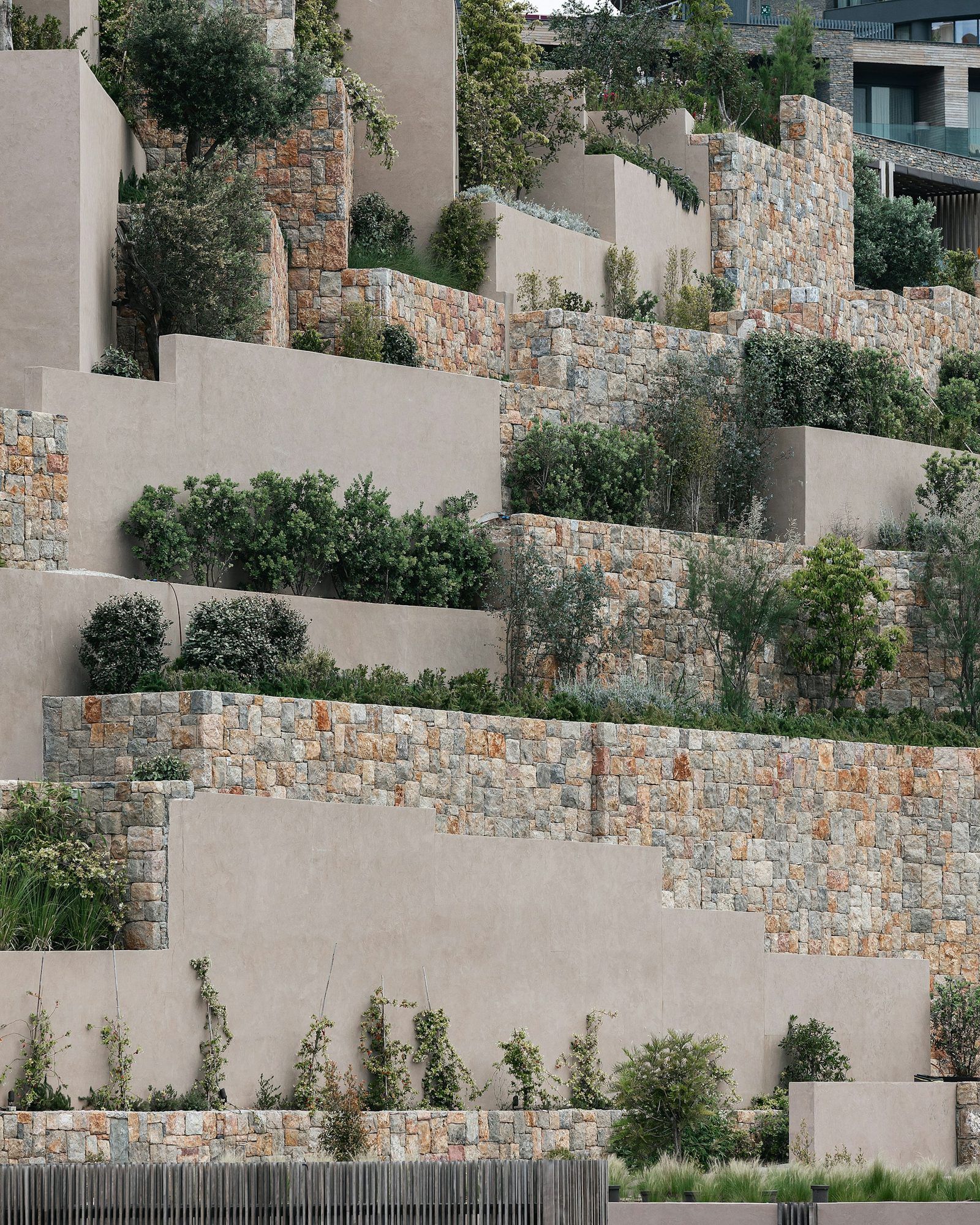 Jardin en terrasses successives soutenues par des murs en pierre